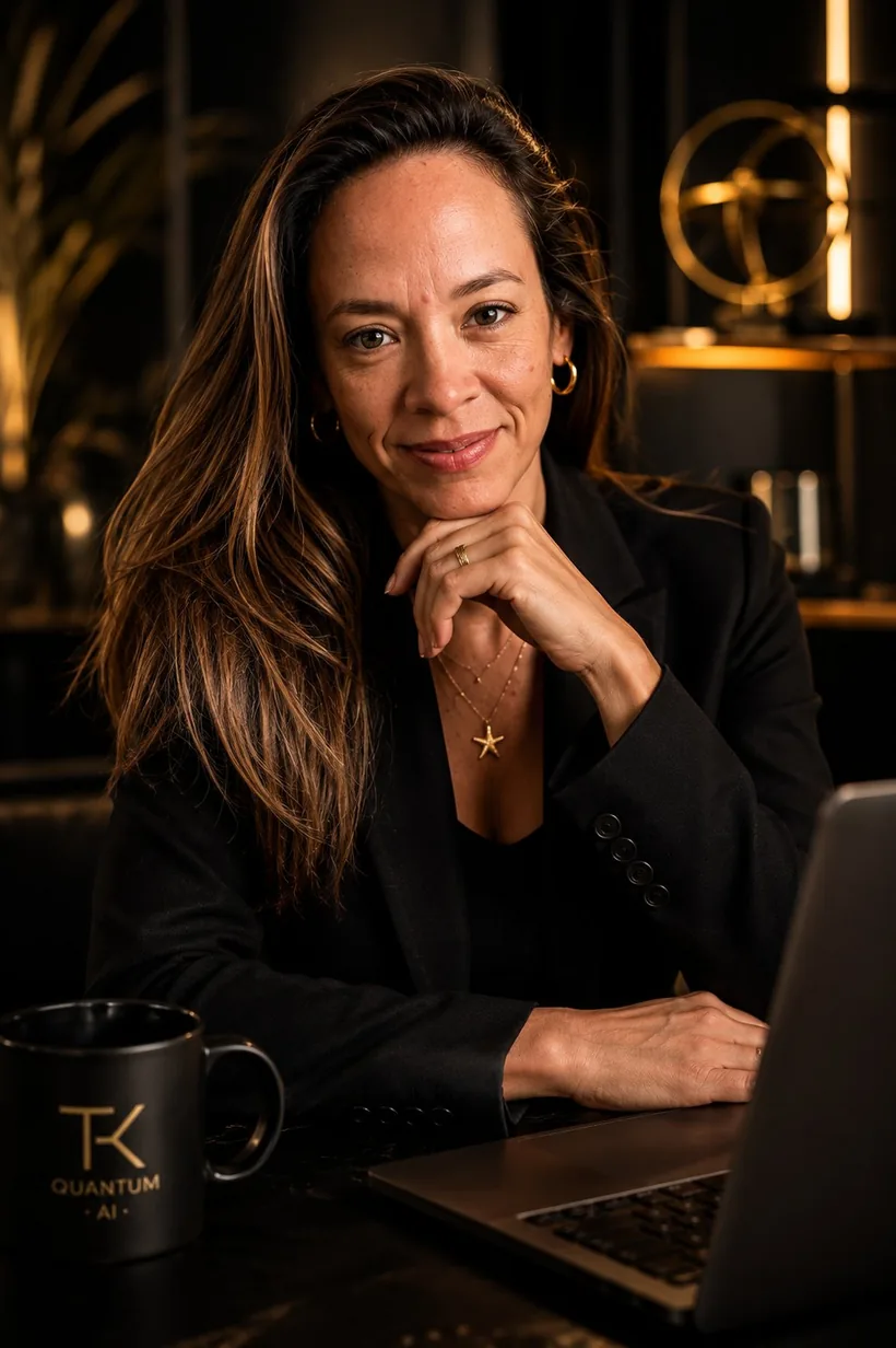 Danielle Viana, fundadora da TK Quantum AI, sentada diante de um notebook, com uma caneca preta da TK Quantum AI ao lado, em ambiente escuro com iluminação quente.